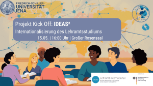 Themenbild des IDEAS Projekt Kick-Offs. Diverse Menschen sitzen an Tischen ins Gespräch vertieft. Im Hintergrund zu sehen ist eine Weltkarte mit vernetzten Ländern und Geopunkten.