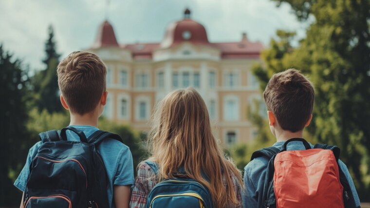 Schüler:innen vor Gebäude