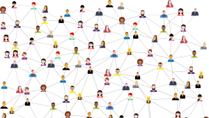 Verschiedene, gezeichnete Figuren sind miteinander durch Linien vernetzt